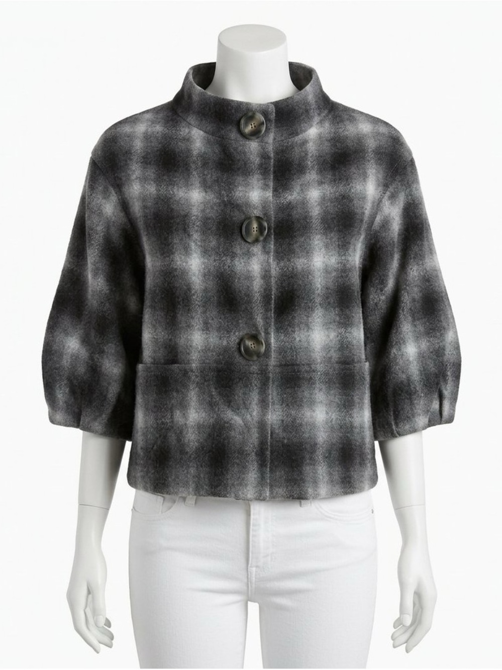 Vince NWT Grey Plaid Wool Cropped Peacoat Puff Sleeve Jacket XS $295 quiet luxur